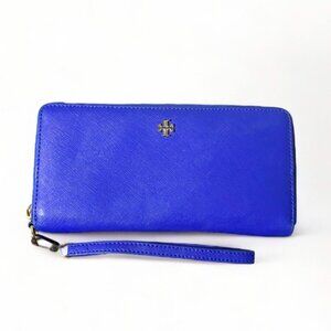 TORY BURCH - Royal Blue/Gold Zip-Around Wallet Wristlet Leather Large